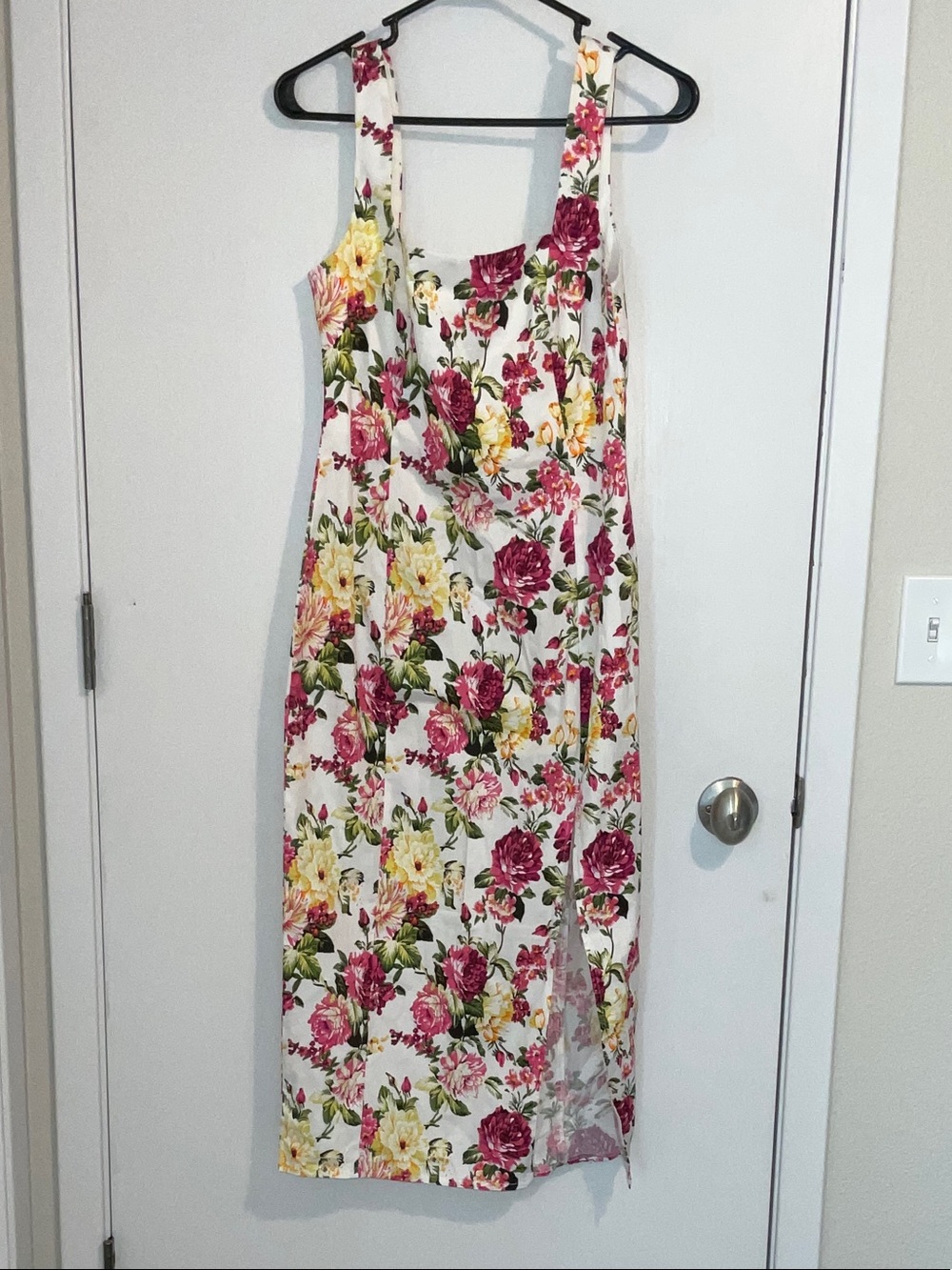 Sweet Pea White Midi Dress with Pink & Yellow Floral Print